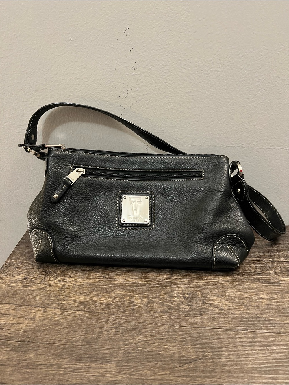 Tignanello Black Leather Shoulder Bag with Silver Hardware EUC